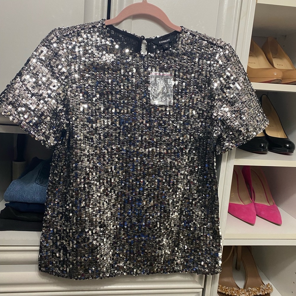 Express Black and Silver Sequin Blouse